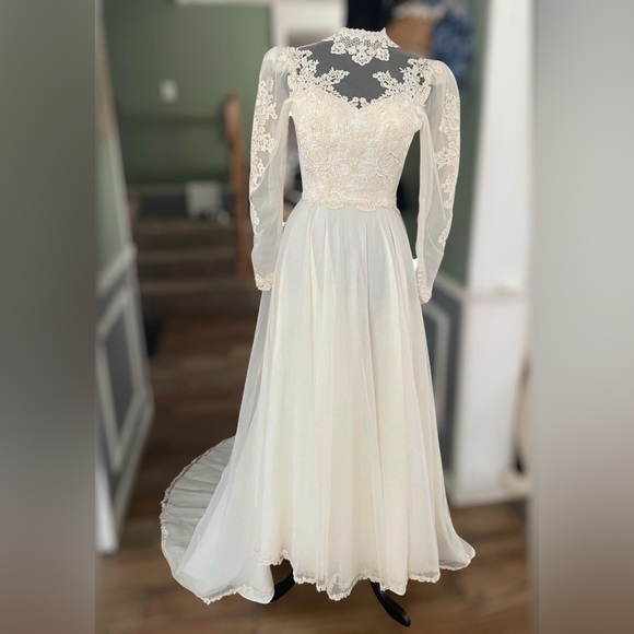 Vintage Dresses & Skirts - Vintage 1960-1970s Ivory Wedding Dress Lace Train Longsleeve High Neck union USA